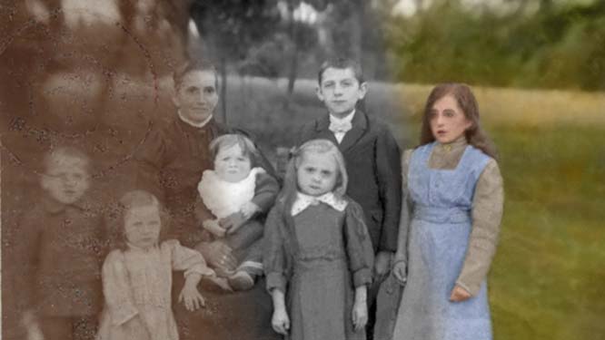 Bildretusche eines historischen Fotos: Original – Entfernung von Beschädigungen – Kolorierung Hochwertige Bildbearbeitung alter Fotos oder Bildaufbereitungen von Fotografien